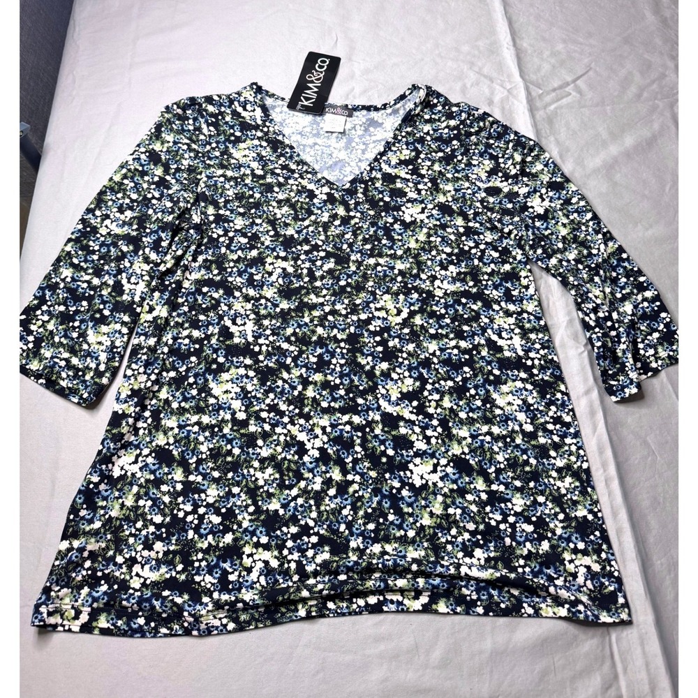Kim & Co Navy Blue Floral V-Neck 3/4 Sleeve Tunic Top Size M NWT
